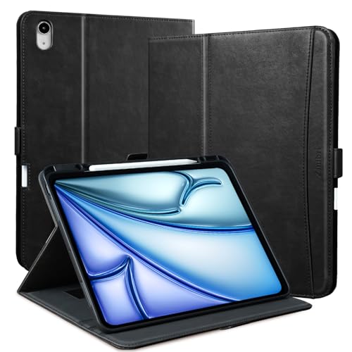 Zinibri Handgemacht Hülle für iPad Air 13 Zoll M3 2025 / M2 2024 A3268 A3269 A2898 A2899 mit Stifthalter Handschlaufe Tasche PU Leder Schutzhülle Multi Winkle Stand Case Auto Schlaf/Wach, Schwarz von Zinibri