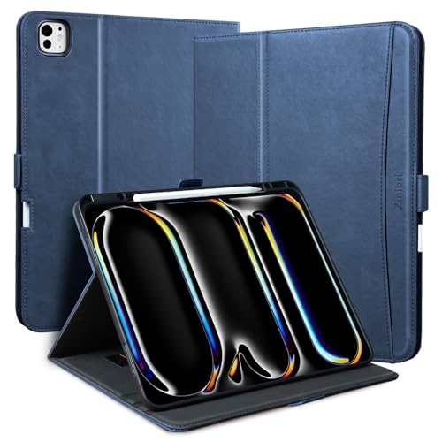 Zinibri Handgemacht Hülle für iPad Pro 13 Zoll M4 2024 A2925 A2926 mit Stifthalter Handschlaufe Tasche PU Leder Schutzhülle Magnetverschluss Multi Winkle Stand Case Cover Auto Schlaf/Wach, Blau von Zinibri