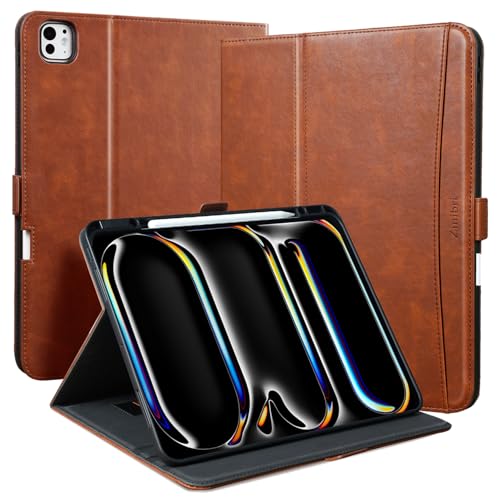 Zinibri Handgemacht Hülle für iPad Pro 13 Zoll M4 2024 A2925 A2926 mit Stifthalter Handschlaufe Tasche PU Leder Schutzhülle Magnetverschluss Multi Winkle Stand Case Cover Auto Schlaf/Wach, Braun von Zinibri