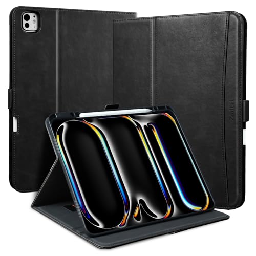 Zinibri Handgemacht Hülle für iPad Pro 13 Zoll M4 2024 A2925 A2926 mit Stifthalter Handschlaufe Tasche PU Leder Schutzhülle Magnetverschluss Multi Winkle Stand Case Cover Auto Schlaf/Wach, Schwarz von Zinibri