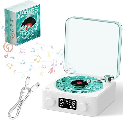 The Waves Vinyl Player, Waves Vintage Vinyl Record Player Bluetooth Speaker, 2024 Neuer Vinyl-Plattenspieler,Bluetooth Vinyl Record Player Waves, Waves Retro Vinyl Record Player (Weib.) von Zinueen