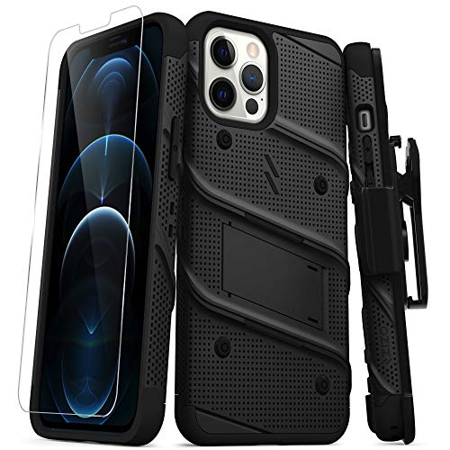 ZIZO Bolt Cover - Gepanzerte Hülle für iPhone 12 Pro Max mit 9H-Glas für Bildschirm + Ständer und Gürtelclip (schwarz), BOLT-IPH1267-BKBK von Zizo