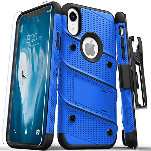 Zizo 1BOLT-IPHXR-BLBK Hülle für Apple iPhone XR mit Military Grade + Glasfolie, Standfuß und Holster Blau/Schwarz von Zizo