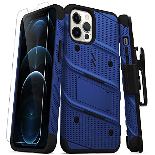 Zizo BOLT-IPH1267-BLBK Bolt-Serie Schutzhülle für iPhone 12 Pro Max mit Displayschutzfolie, Standfunktion, Holster, Schlüsselband, Blau und Schwarz von Zizo