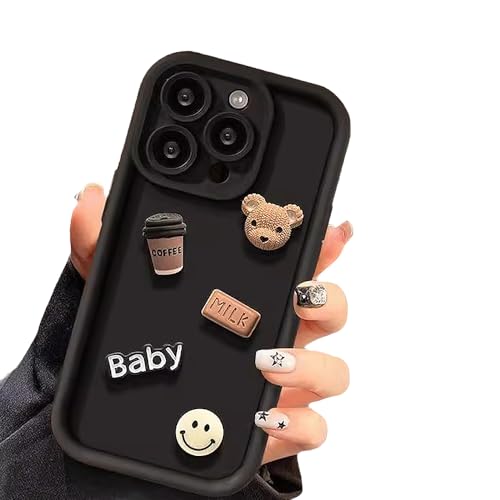 Zkacase Entworfen für iPhone-Hülle, 3D-süßer Kaffeebär-Kameraobjektivschutz, stoßfeste Schutzhülle (iPhone 15 Pro Max, Schwarz) von Zkacase