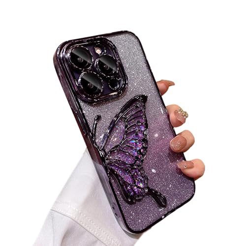 Zkacase Entworfen für iPhone-Hülle, luxuriös, galvanisiert, flüssig, schwimmender Farbverlauf, Glitzer, Treibsand, Schmetterling, transparent, stoßfest, Schutzhülle (lila, iPhone 15) von Zkacase