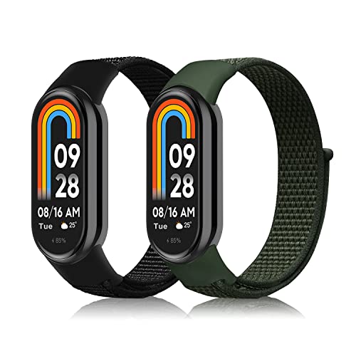 ZoRoll 2 Stück Armband Kompatibel mit Xiaomi Smart Band 8, Nylon Einstellbar Klettverschluss Ersatzarmband Kompatibel mit Xiaomi Mi Band 8 - Schwarz+Armee-Grün von ZoRoll