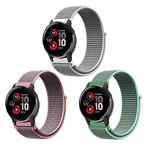 ZoRoll 3 Stück 20mm Armband für Garmin Vivoactive 6/Vivoactive 5/vívomove Trend/Venu Sq 2, Nylon Einstellbar Klettverschluss Ersatzarmband für Garmin Forerunner 165/245/645-Rosa+Weiß+Hellgrün von ZoRoll