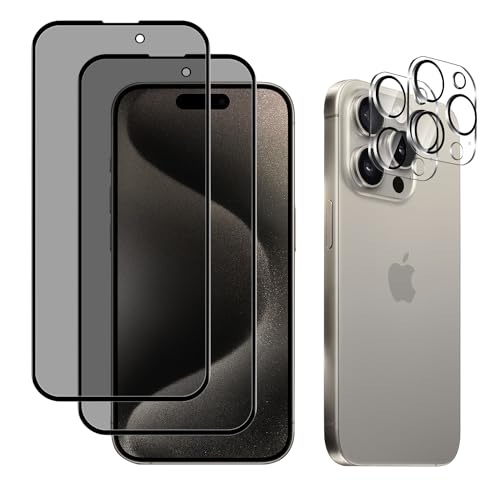 ZoRoll Privacy Schutzfolie Kompatibel mit iPhone 15 Pro Max + 3D Kamera Panzerglasfolie [2 + 2 Stück], [9H-Härte] Anti-Spy Displayschutzfolie Kompatibel mit iPhone 15 Pro Max von ZoRoll