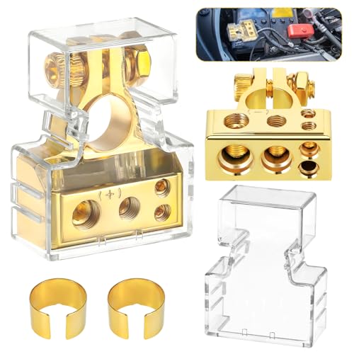Zocipro Batterieklemmen Batterie Polklemmen 0/4/8/10 AWG Autobatterie Klemmen mit Unterlegscheiben und Abdeckung Positiv & Negativ Battery Terminal Anschlussstecker, Gold von Zocipro