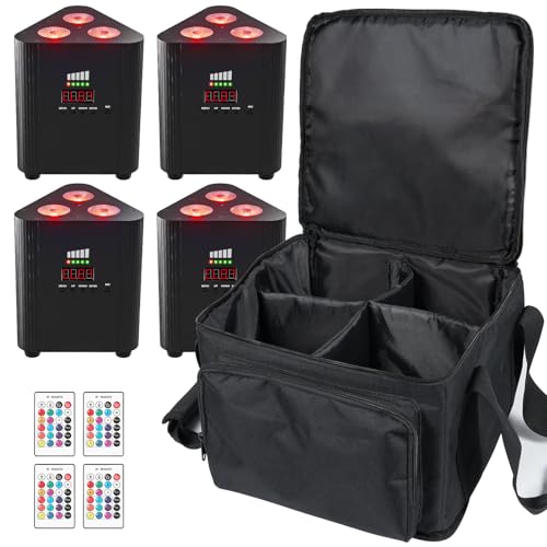 ZonQoonz 4PCS Akku 3 LED Par Licht Wireless mit Tasche, RGBW Bühnenlicht Par Wiederaufladbarem Akku, Unterstützt Fernbedienung/DMX Steuerung für Hochzeits Disco DJ Party von ZonQoonz