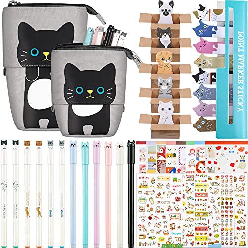 417-teiliges Schreibwaren-Set mit niedlichem Katzen-Transformer, Ständer, Federmäppchen, Tasche, Gel-Tinte, Stift, Haftnotizen, Katzenalbum, Aufkleber, Seite für Schule, Büro (schwarze Katze) von Zonon