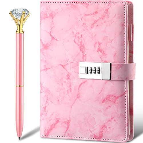 Tagebuch mit Schloss Marmor PU Leder A5 Tagebuch Kombination Schloss Geheimes Personal mit Diamant Stift für Mädchen Frauen Jungen (Rosa) von Zonon