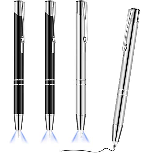 Zonon 4 Stücke Beleuchteter Spitze Stift Kugelschreiber mit Licht Taschenlampe LED Lichtstift LED Taschenlampe Leuchtstift zum Schreiben im Dunkeln (Schwarz und Silber) von Zonon