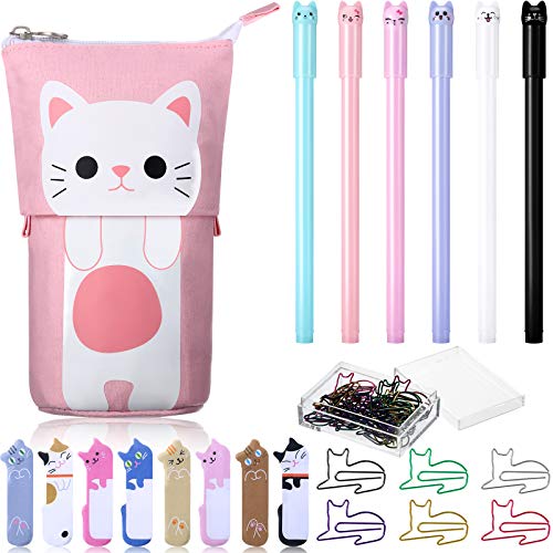 Zonon Süß Katze Schreibwaren Set, 1 Leinwand Teleskopisch Stift Halter Transformator Mäppchen, 6 Bunt Katze Gel Tintenstifte, 30 Katzen Papier Clips Lesezeichen und 240 Haftnotiz Seite Index Tabs von Zonon