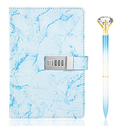 Zonon Tagebuch mit Schloss Marmor PU Leder A5 Tagebuch Kombination Schloss Geheimes Personal mit Diamant Stift für Mädchen Frauen Jungen (Blau) von Zonon