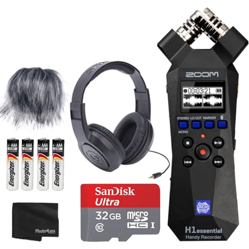 Zoom H1essential Handy Recorder Bundle mit Over-Ear-Stereo-Kopfhörern, 32 GB microSDHC-Karte, pelziger Mikrofon-Windschutzscheibe, 4 AAA-Batterien und Zubehör von Zoom