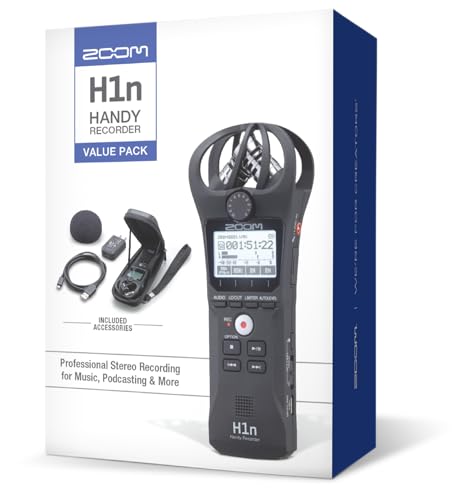 Zoom H1n Handlicher Recorder (Modell 2023, H1n-VP), tragbarer Recorder, integrierte Stereo-Mikrofone, Kamera montierbar, Aufnahmen auf SD-Karte, USB-Mikrofon, mit Tasche, USB-Kabel, Windschutz und von Zoom