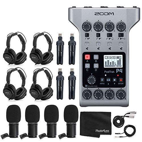 Zoom PodTrak P4 Tragbarer Multitrack-Podcast-Recorder + 4X Zoom M-1 Mikrofon + 4X Kopfhörer + Windschutz + XLR-Kabel + 4X Tischständer + Tuch - 4 Personen Podcasting Mic Pack Bundle von Zoom