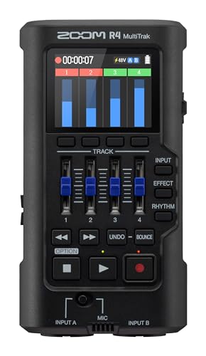 Zoom R4 MultiTrak 32-Bit Float Recorder mit Stereo Bouncing, 2 XLR/Combo Eingängen, eingebautem Mikrofon, Effekten, Rhythmen, batteriebetrieben, und Audio-Interface von Zoom