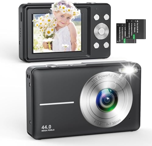 Zostuic Digitalkamera Fotokamera, FHD 1080P 44MP Fotoapparat 16X Digitalzoom Einfache Kompaktkamera Tragbare Digital Kamera mit 2 Akku für Kinder Teenager Anfänger von Zostuic