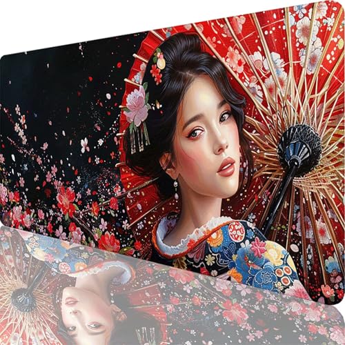 Mauspad Schwarz Mauspad XXL 1200 x 600 x 3 mm XXL Mousepad Japanische Frau Mousepad Gaming Zubehör mit Vernähten Kanten Design, Waschbares Mouse Pad Wasserdicht und Langlebig für Office Deko 83-Ut von Zoulile