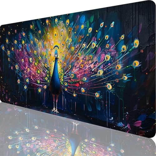 Mauspad Schwarz Mauspad XXL 1600x800x3 mm XXL Mousepad Pfau Mousepad Gaming Zubehör mit Vernähten Kanten Design, Waschbares Mouse Pad Wasserdicht und Langlebig für Maus und Tastatur, Office Deko 33-It von Zoulile