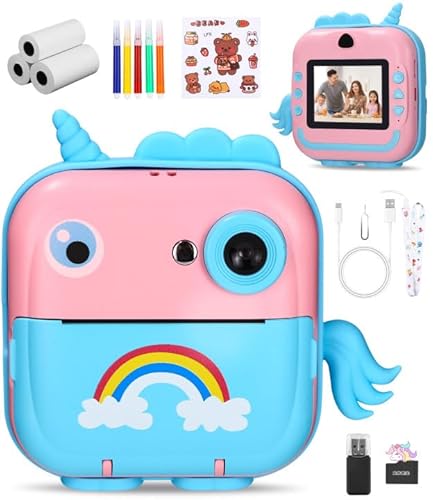 Kinderkamera Sofortbildkamera, Digitalkamera für Kinder,mit 1080P HD-Bildschirm, 32GB TF-Karte, 5 Farbstiften und USB-Kartenleser,für Kinder von 3-12 Jahren (Rosa und Blau, ‎16 x 13.5 x 5.8) von Zounin
