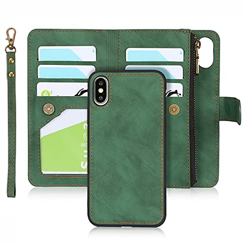 Zouzt Handyhülle iPhone X/XS,Flip Leder Brieftasche Hülle,[6 Kartenfächer][Armband][Ständerfunktion],Abnehmbare 2-in-1 Klapphülle Schutzhülle für iPhone X/XS - Grün von Zouzt
