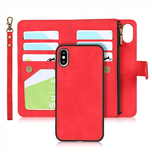 Zouzt Handyhülle iPhone X/XS,Flip Leder Brieftasche Hülle,[6 Kartenfächer][Armband][Ständerfunktion],Abnehmbare 2-in-1 Klapphülle Schutzhülle für iPhone X/XS - Rot von Zouzt