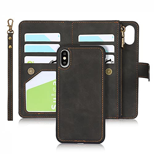 Zouzt Handyhülle iPhone X/XS,Flip Leder Brieftasche Hülle,[6 Kartenfächer][Armband][Ständerfunktion],Abnehmbare 2-in-1 Klapphülle Schutzhülle für iPhone X/XS - Schwarz von Zouzt