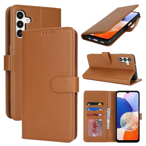 Zouzt Hülle für Samsung Galaxy A14, Stoßfestes PU Leder Handyhülle Lederhülle Klapphülle mit Kartenhalter und Standfunktion Flip Leather Wallet Phone Cover (Hellbraun) von Zouzt
