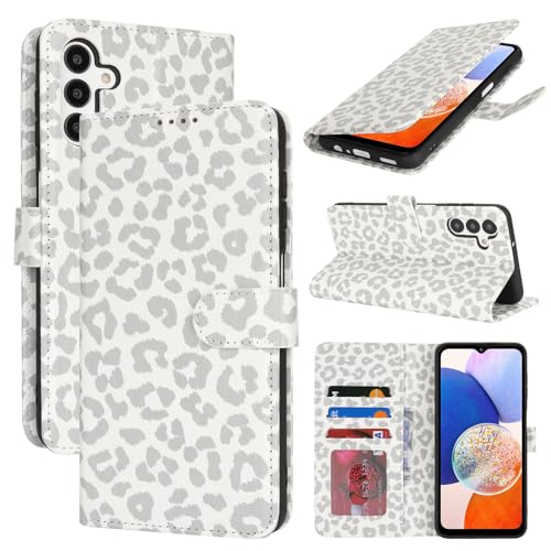 Zouzt Hülle für Samsung Galaxy A14, Stoßfestes PU Leder Handyhülle Lederhülle Klapphülle mit Kartenhalter und Standfunktion Flip Leather Wallet Phone Cover (Weiß Leopard) von Zouzt