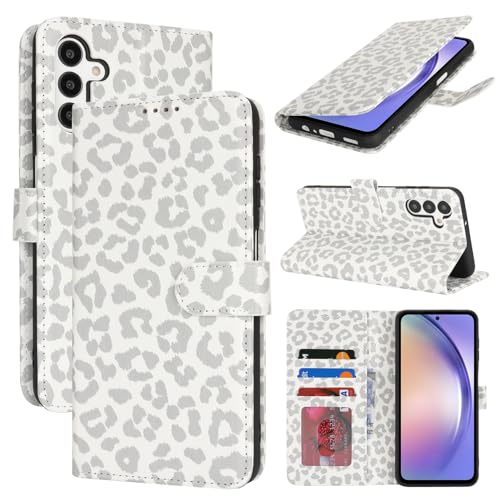 Zouzt Hülle für Samsung Galaxy A54, Stoßfestes PU Leder Handyhülle Lederhülle Klapphülle mit Kartenhalter und Standfunktion Flip Leather Wallet Phone Cover (Weiß Leopard) von Zouzt
