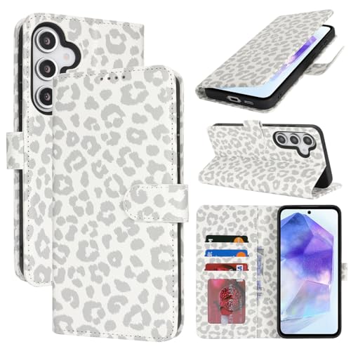 Zouzt Hülle für Samsung Galaxy A55, Stoßfestes PU Leder Handyhülle Lederhülle Klapphülle mit Kartenhalter und Standfunktion Flip Leather Wallet Phone Cover (Weiß Leopard) von Zouzt