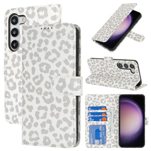 Zouzt Hülle für Samsung Galaxy S23, Stoßfestes PU Leder Handyhülle Lederhülle Klapphülle mit Kartenhalter und Standfunktion Flip Leather Wallet Phone Cover (Weiß Leopard) von Zouzt