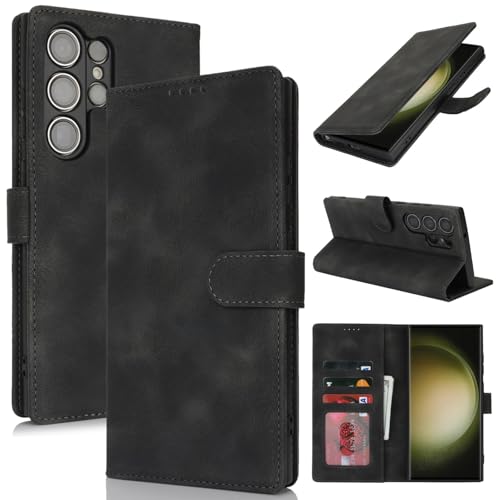 Zouzt Hülle für Samsung Galaxy S23 Ultra, Stoßfestes PU Leder Handyhülle Lederhülle Klapphülle mit Kartenhalter und Standfunktion Flip Leather Wallet Phone Cover (Vintage Schwarz) von Zouzt