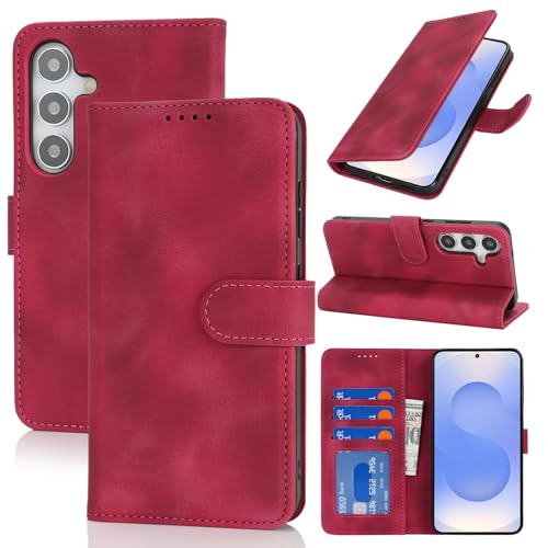 Zouzt Hülle für Samsung Galaxy S25, Stoßfestes PU Leder Handyhülle Lederhülle Klapphülle mit Kartenhalter und Standfunktion Flip Leather Wallet Phone Cover (Vintage Traubenrot) von Zouzt