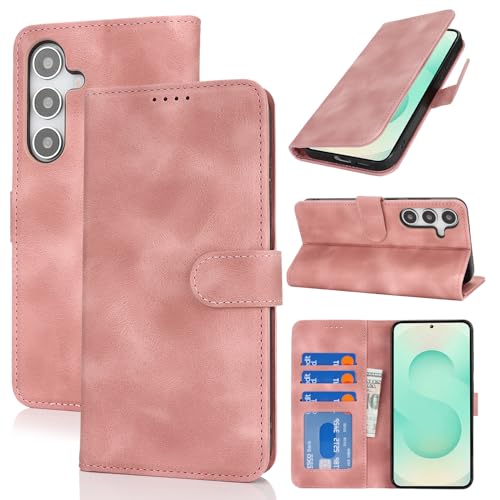Zouzt Hülle für Samsung Galaxy S25 Plus, Stoßfestes PU Leder Handyhülle Lederhülle Klapphülle mit Kartenhalter und Standfunktion Flip Leather Wallet Phone Cover (Vintage Rosarot) von Zouzt