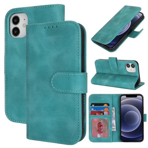 Zouzt Hülle für iPhone 12/12 Pro 6,1-Zoll, Stoßfestes PU Leder Handyhülle Lederhülle Klapphülle mit Kartenhalter und Standfunktion Flip Leather Wallet Phone Cover (Vintage Mintgrün) von Zouzt