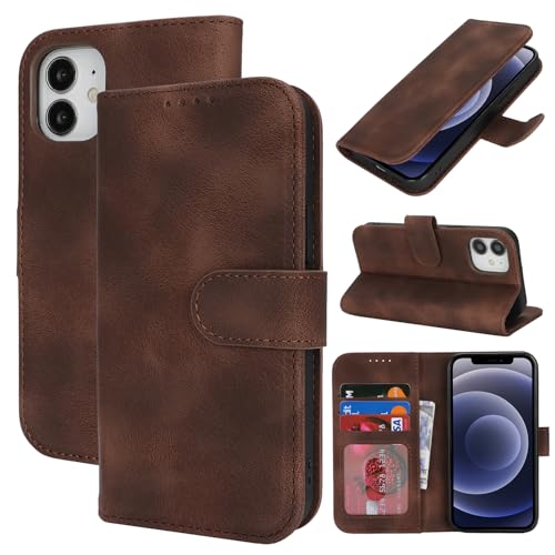 Zouzt Hülle für iPhone 12 Mini 5,4-Zoll, Stoßfestes PU Leder Handyhülle Lederhülle Klapphülle mit Kartenhalter und Standfunktion Flip Leather Wallet Phone Cover (Vintage Dunkelbraun) von Zouzt