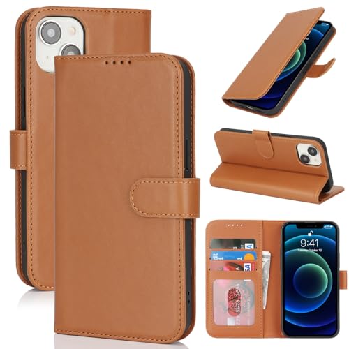 Zouzt Hülle für iPhone 13 Mini 5,4-Zoll, Stoßfestes PU Leder Handyhülle Lederhülle Klapphülle mit Kartenhalter und Standfunktion Flip Leather Wallet Phone Cover (Hellbraun) von Zouzt