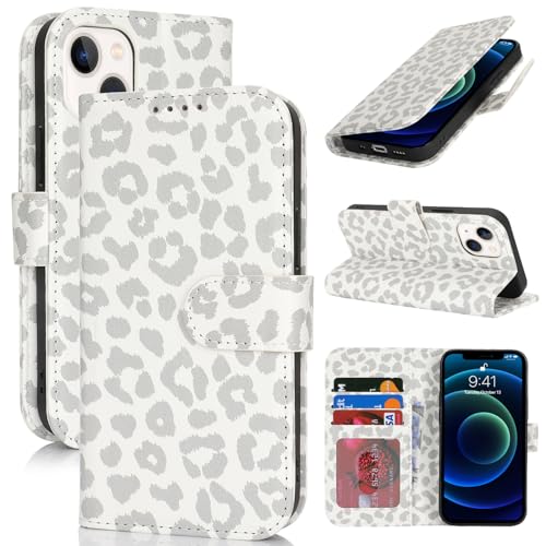 Zouzt Hülle für iPhone 13 Mini 5,4-Zoll, Stoßfestes PU Leder Handyhülle Lederhülle Klapphülle mit Kartenhalter und Standfunktion Flip Leather Wallet Phone Cover (Weiß Leopard) von Zouzt