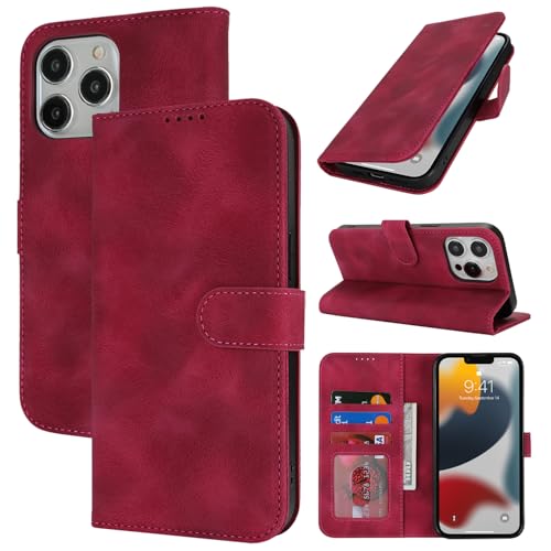 Zouzt Hülle für iPhone 13 Pro 6,1-Zoll, Stoßfestes PU Leder Handyhülle Lederhülle Klapphülle mit Kartenhalter und Standfunktion Flip Leather Wallet Phone Cover (Vintage Grape Red) von Zouzt