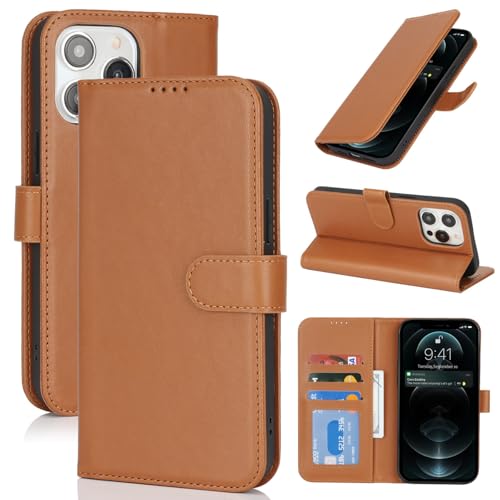 Zouzt Hülle für iPhone 13 Pro Max / 12 Pro Max 6,7-Zoll, Stoßfestes PU Leder Handyhülle Lederhülle Klapphülle mit Kartenhalter und Standfunktion Flip Leather Wallet Phone Cover (Hellbraun) von Zouzt