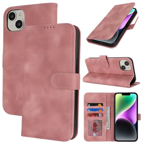 Zouzt Hülle für iPhone 14 / iPhone 13 6,1-Zoll, Stoßfestes PU Leder Handyhülle Lederhülle Klapphülle mit Kartenhalter und Standfunktion Flip Leather Wallet Phone Cover (Vintage Rose Pink) von Zouzt