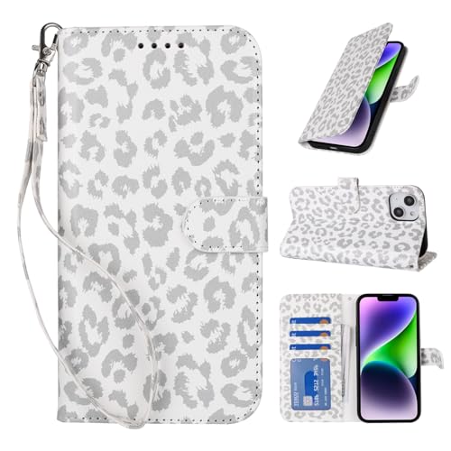 Zouzt Hülle für iPhone 15 Plus / 14 Plus 6,7-Zoll, Stoßfestes PU Leder Handyhülle Lederhülle Klapphülle mit Kartenhalter und Standfunktion Flip Leather Wallet Phone Cover (Weißer Leopard) von Zouzt
