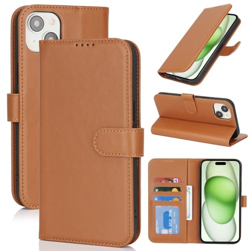 Zouzt Hülle für iPhone 15 Plus / 14 Plus 6,7-Zoll, Stoßfestes PU Leder Handyhülle Lederhülle Klapphülle mit Kartenhalter und Standfunktion Flip Leather Wallet Phone Cover (Hellbraun) von Zouzt