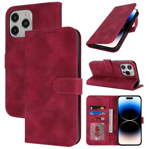 Zouzt Hülle für iPhone 14 Pro 6,1-Zoll, Stoßfestes PU Leder Handyhülle Lederhülle Klapphülle mit Kartenhalter und Standfunktion Flip Leather Wallet Phone Cover (Vintage Grape Red) von Zouzt