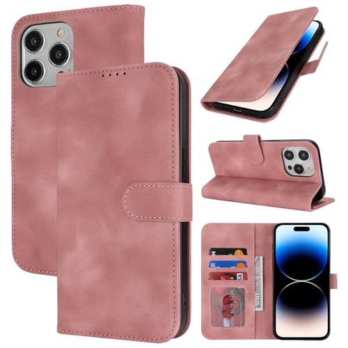 Zouzt Hülle für iPhone 14 Pro 6,1-Zoll, Stoßfestes PU Leder Handyhülle Lederhülle Klapphülle mit Kartenhalter und Standfunktion Flip Leather Wallet Phone Cover (Vintage Rose Pink) von Zouzt